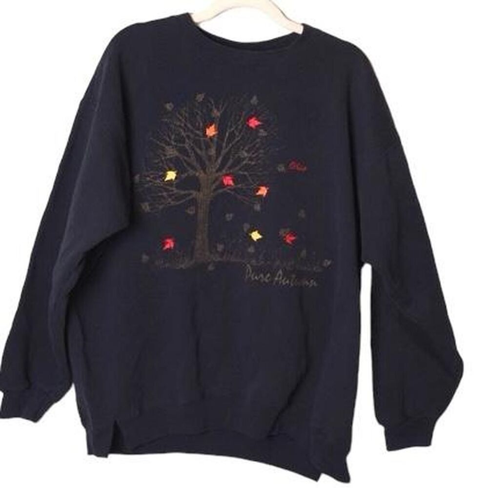Autumn Embroidered Leaves Fall Sweatshirt Crewneck XL USA Ohio